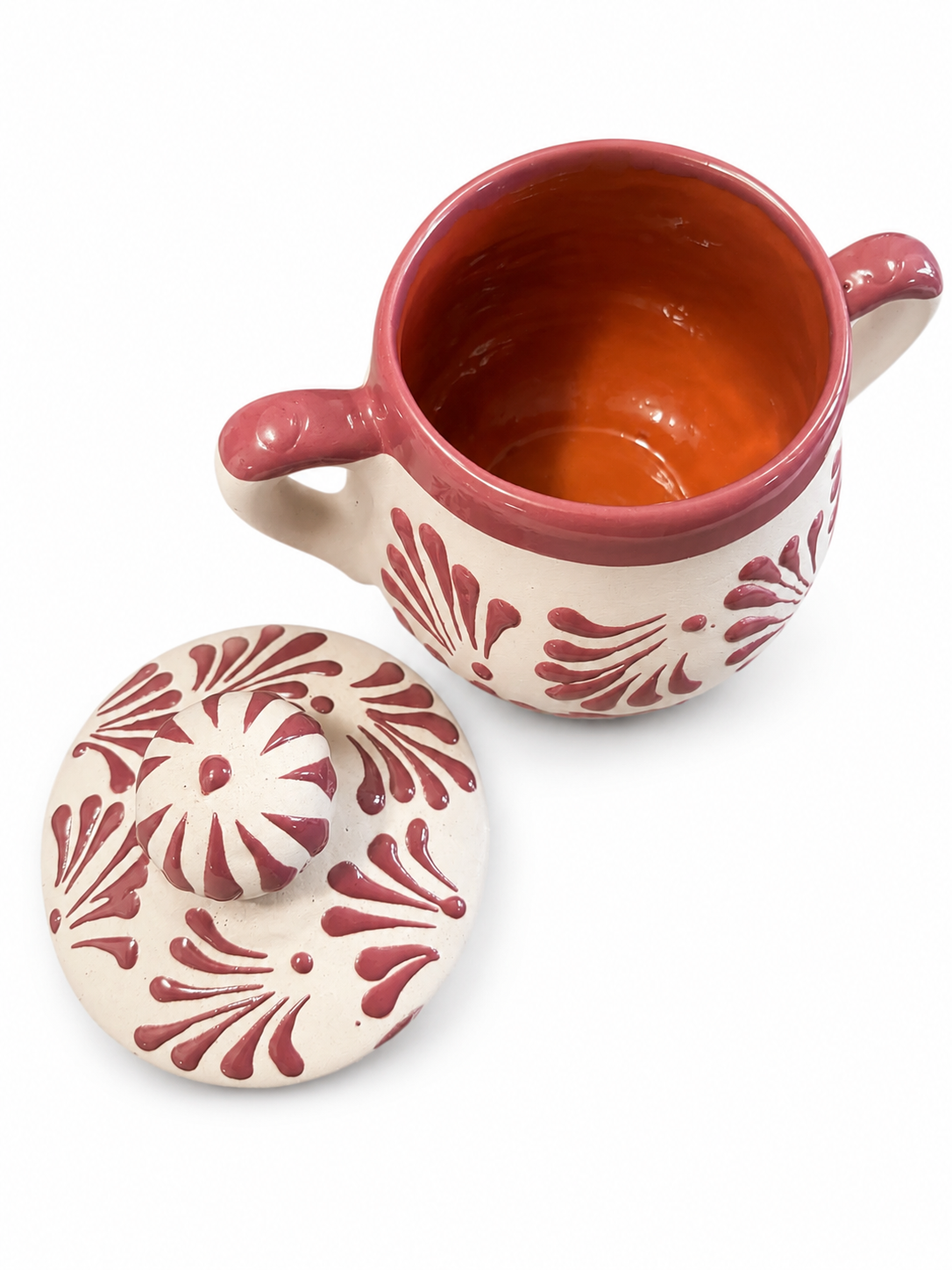 Azucarera de Cerámica y Barro Hecha a Mano - Estilo Espiga Beige y Rojo 12 oz
