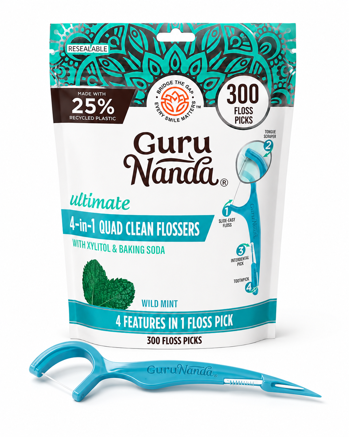 GuruNanda Ultimate 4-in-1 Quad Clean Flossers – Wild Mint (300 Count)