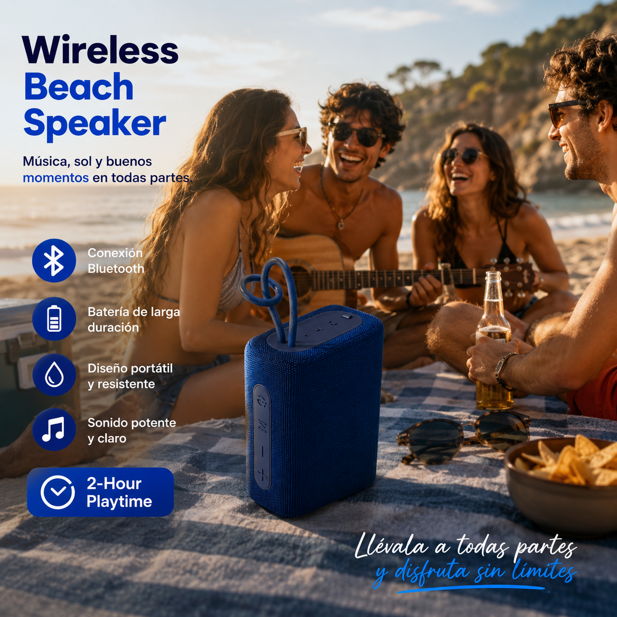 Wireless Beach Speaker – Con Mosquetón, Bluetooth, Sonido 360°