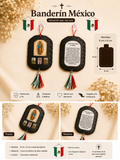 Banderín México - Virgen de Guadalupe Hecho a Mano 8 cm x 6 cm - Cuero Sintético con Oración