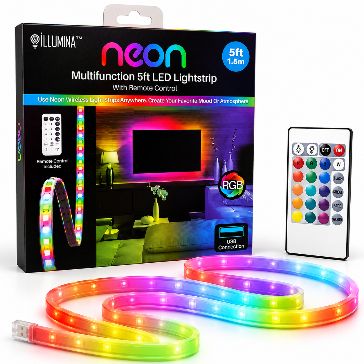 iLLUMINA Neon Multifunction 5ft LED Lightstrip RGB with Remote Control