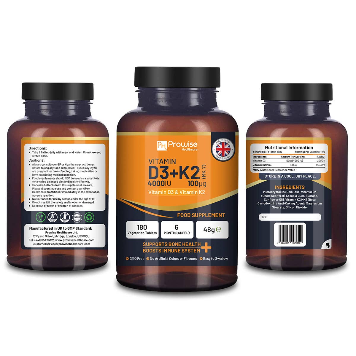 Tabletas vegetarianas de vitamina D3 4000 UI y K2 MK7 100 μg | 180 unidades