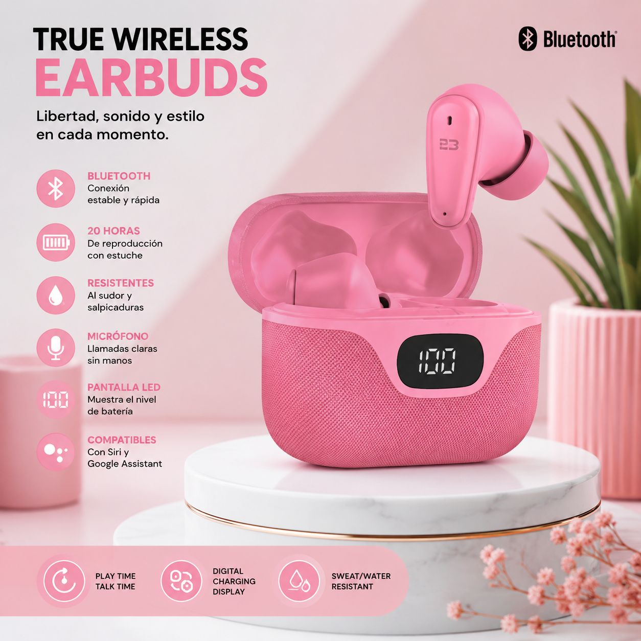 Audífonos True Wireless Earbuds – Bluetooth, 20H, Resistentes al Agua