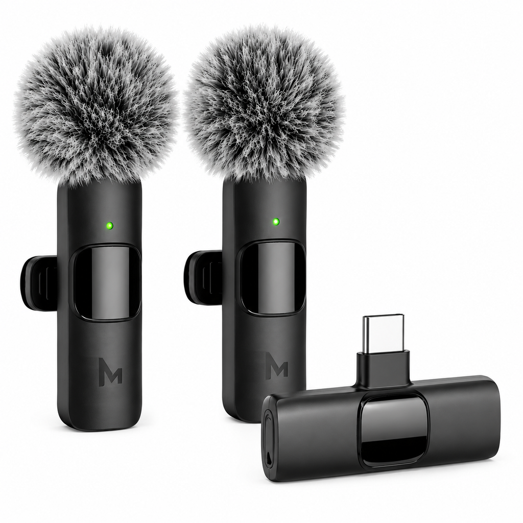 Micrófonos Lavalier Inalámbricos 2-Pack – USB-C, Plug & Play, Reducción de Ruido