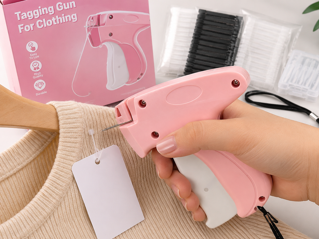 Tagging Gun en uso etiquetando prenda de ropa