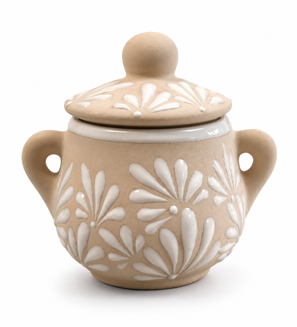 Azucarera de Cerámica y Barro Hecha a Mano - Estilo Espiga Beige y Blanco 12 oz