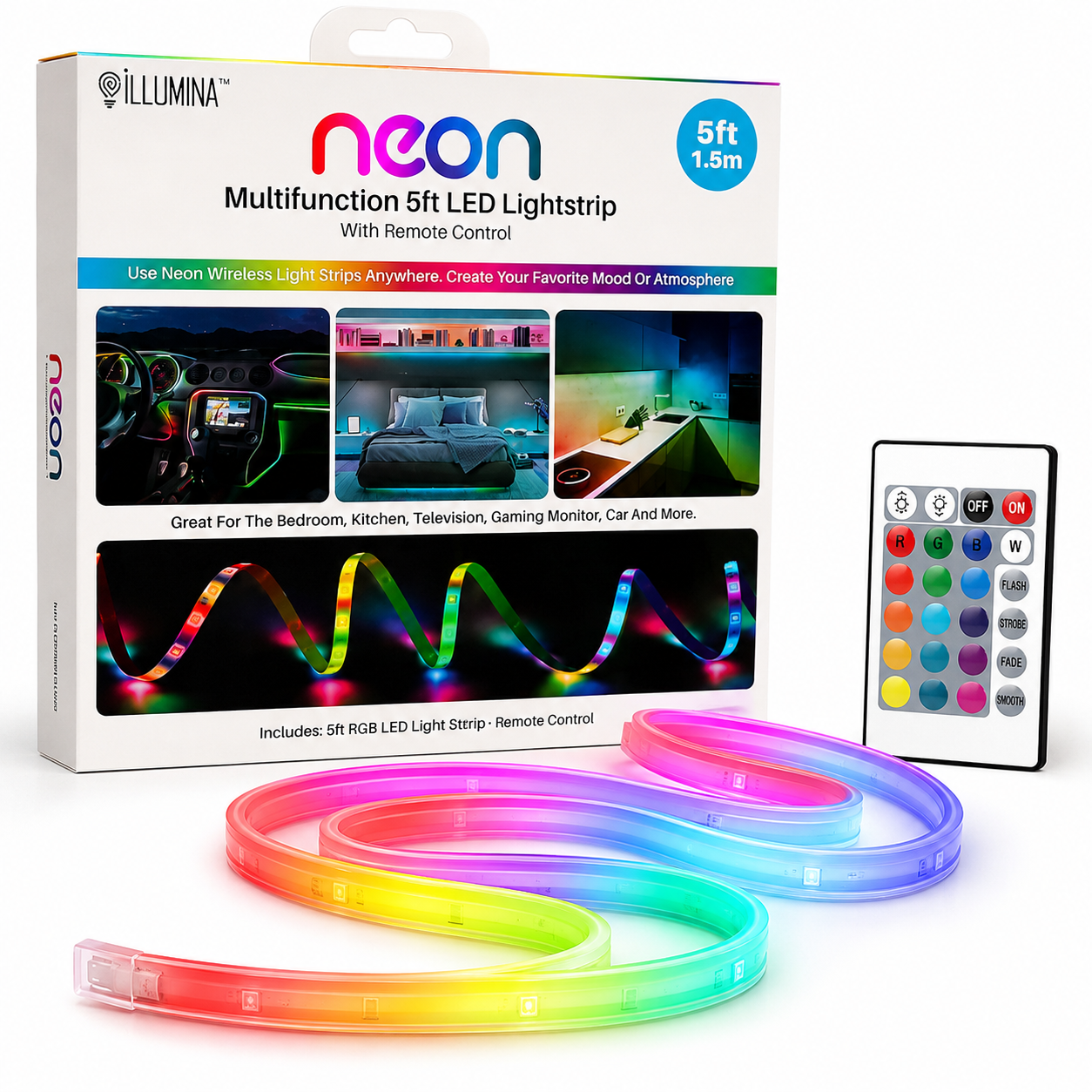 iLLUMINA Neon Multifunction 5ft LED Lightstrip RGB with Remote Control