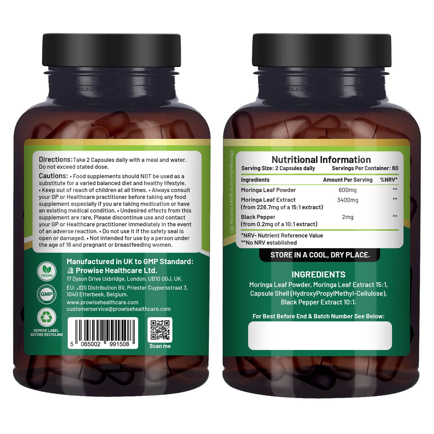 Pura Moringa 4000mg - 120 Cápsulas Veganas con Pimienta Negra