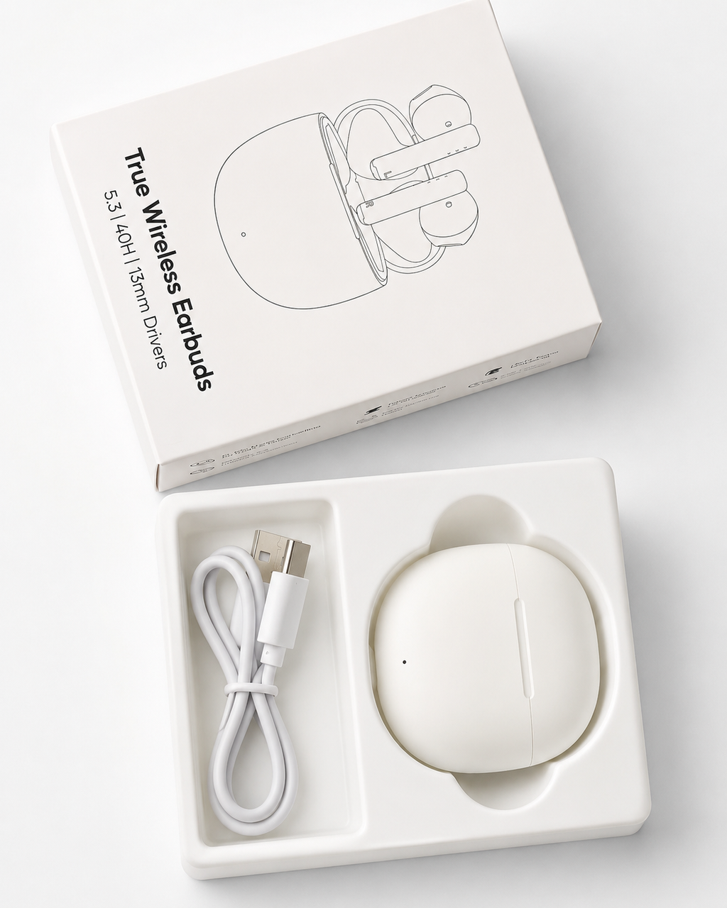 True Wireless Earbuds – caja y estuche de carga con cable USB-C