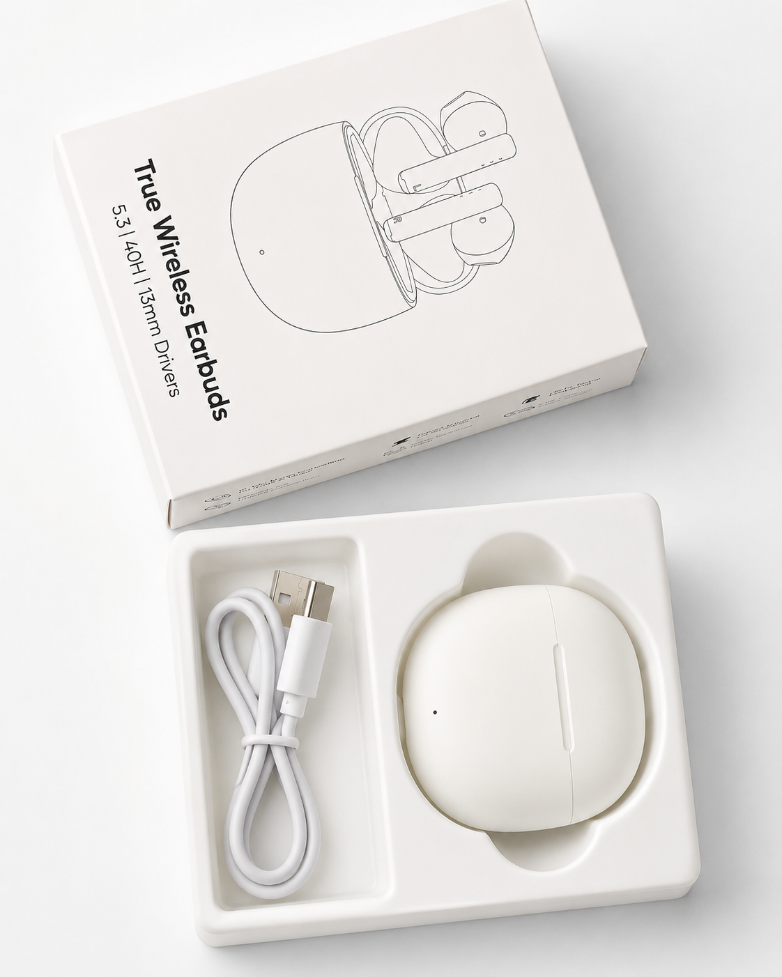True Wireless Earbuds – caja y estuche de carga con cable USB-C