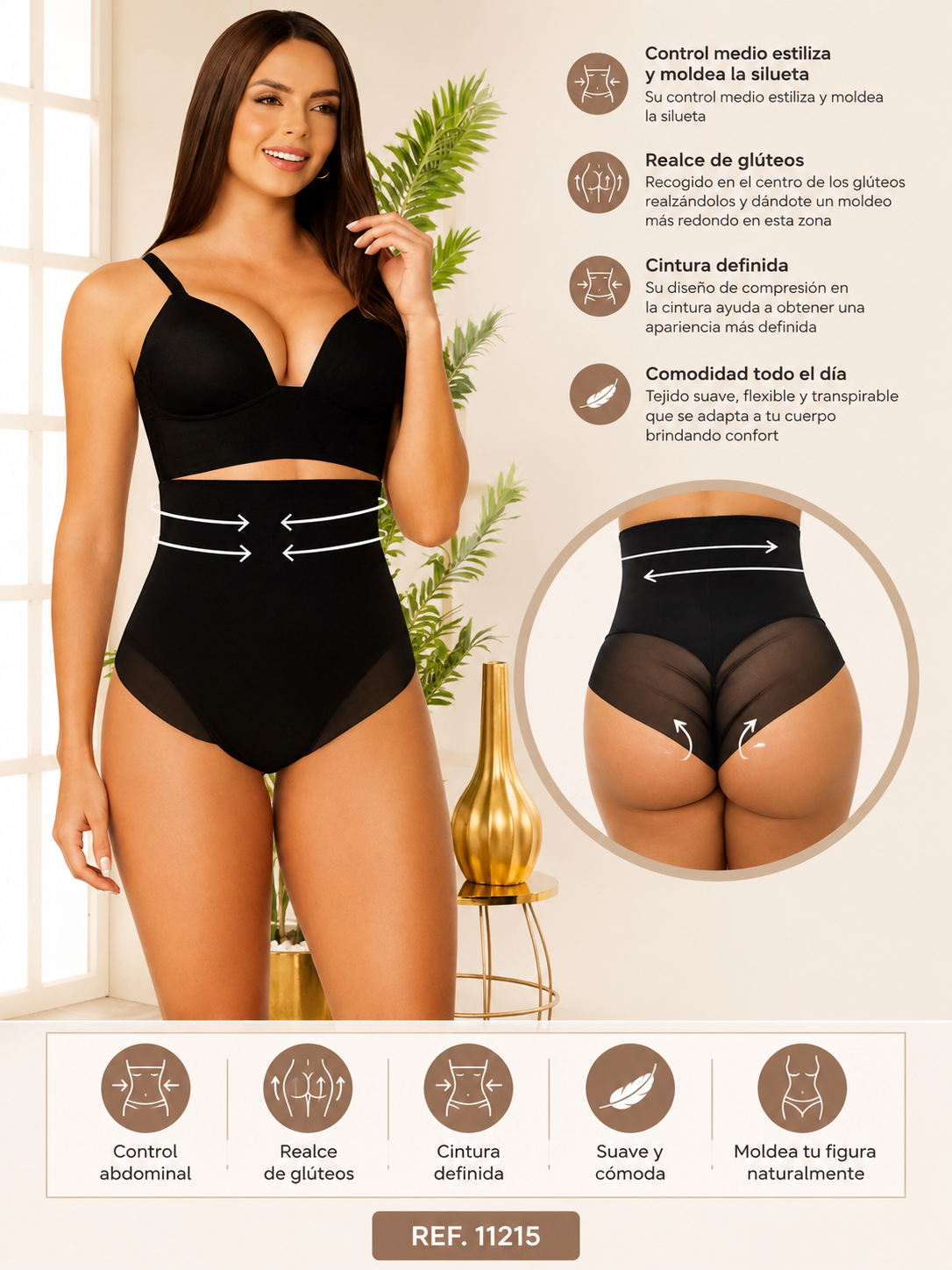 Calzón Faja Control Medio Realce de Glúteos Negro Talla L - FAJATE