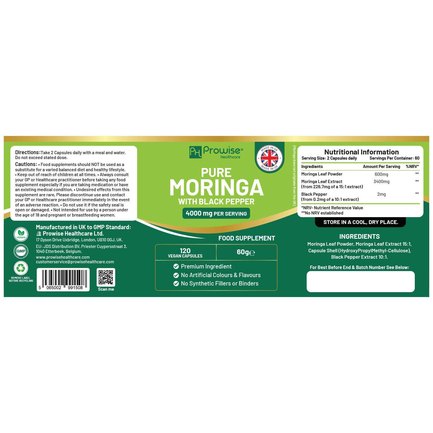 Pura Moringa 4000mg - 120 Cápsulas Veganas con Pimienta Negra