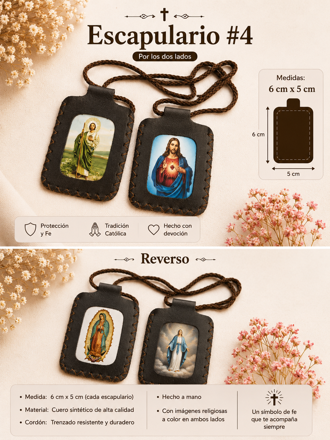 Escapulario Colombiano Hecho a Mano #4 - 6 cm x 5 cm - Cuero Sintético con Imágenes Religiosas