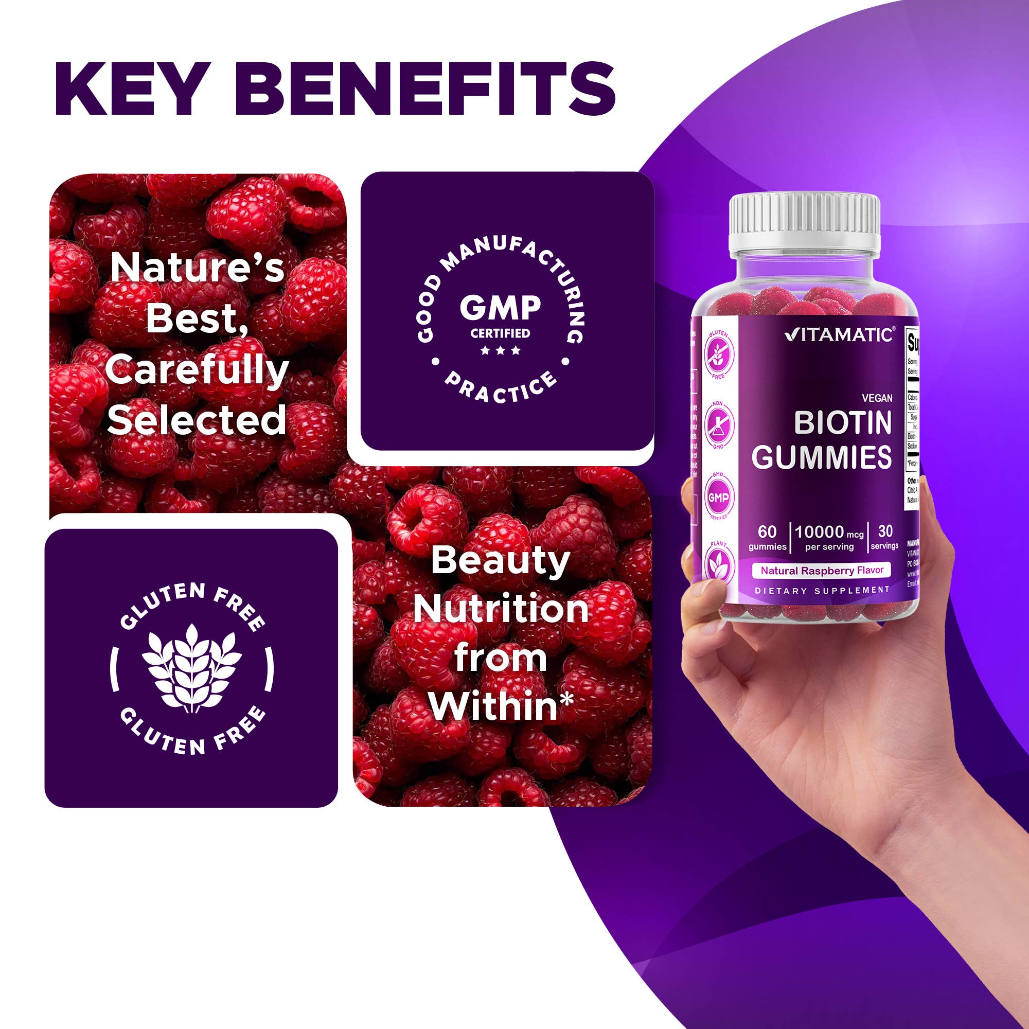 Vitamatic Biotina 10.000 mcg | Cabello, piel y uñas | 60 cápsulas