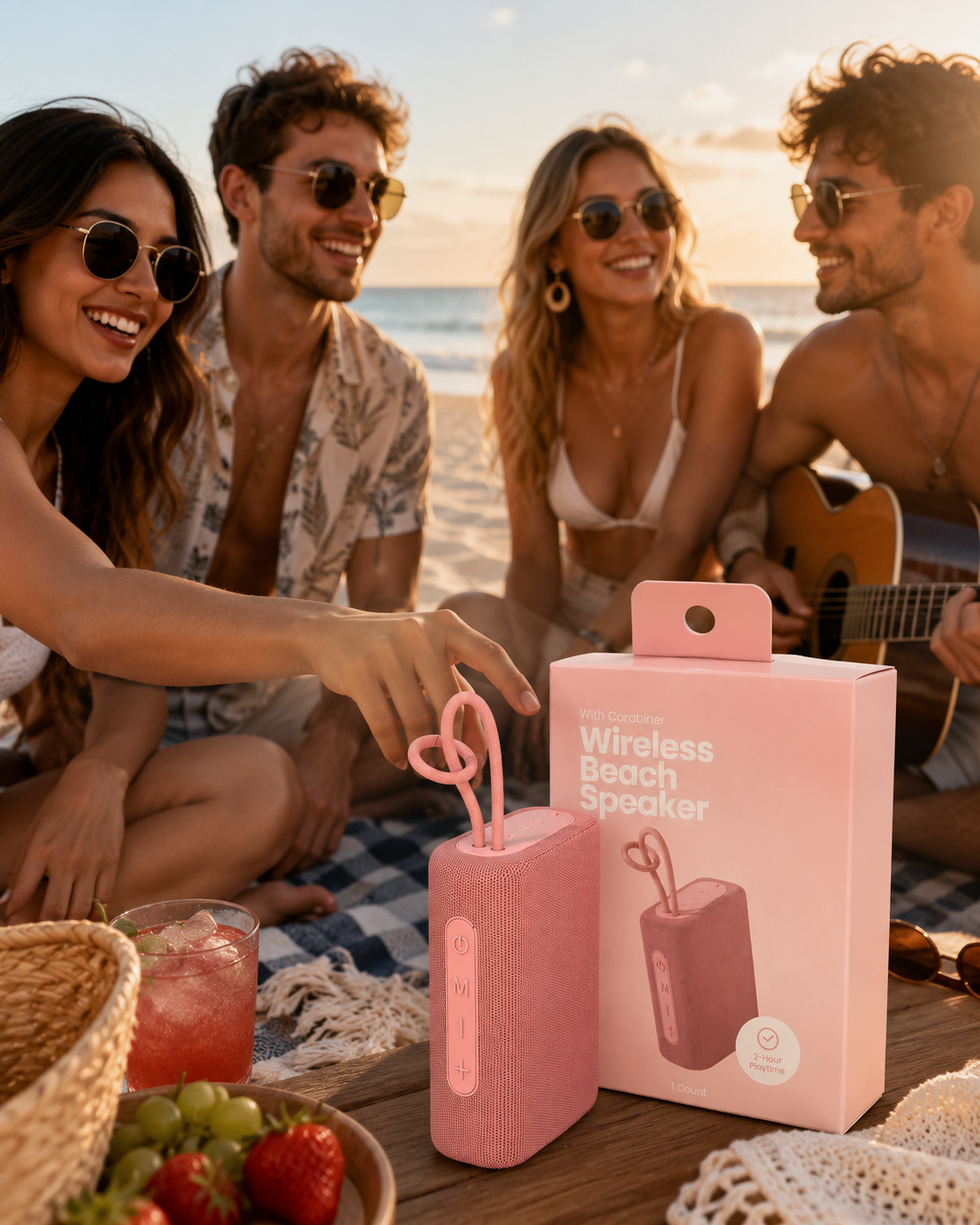 Wireless Beach Speaker Rosa – Con Mosquetón, Bluetooth 5.0, Resistente al Agua