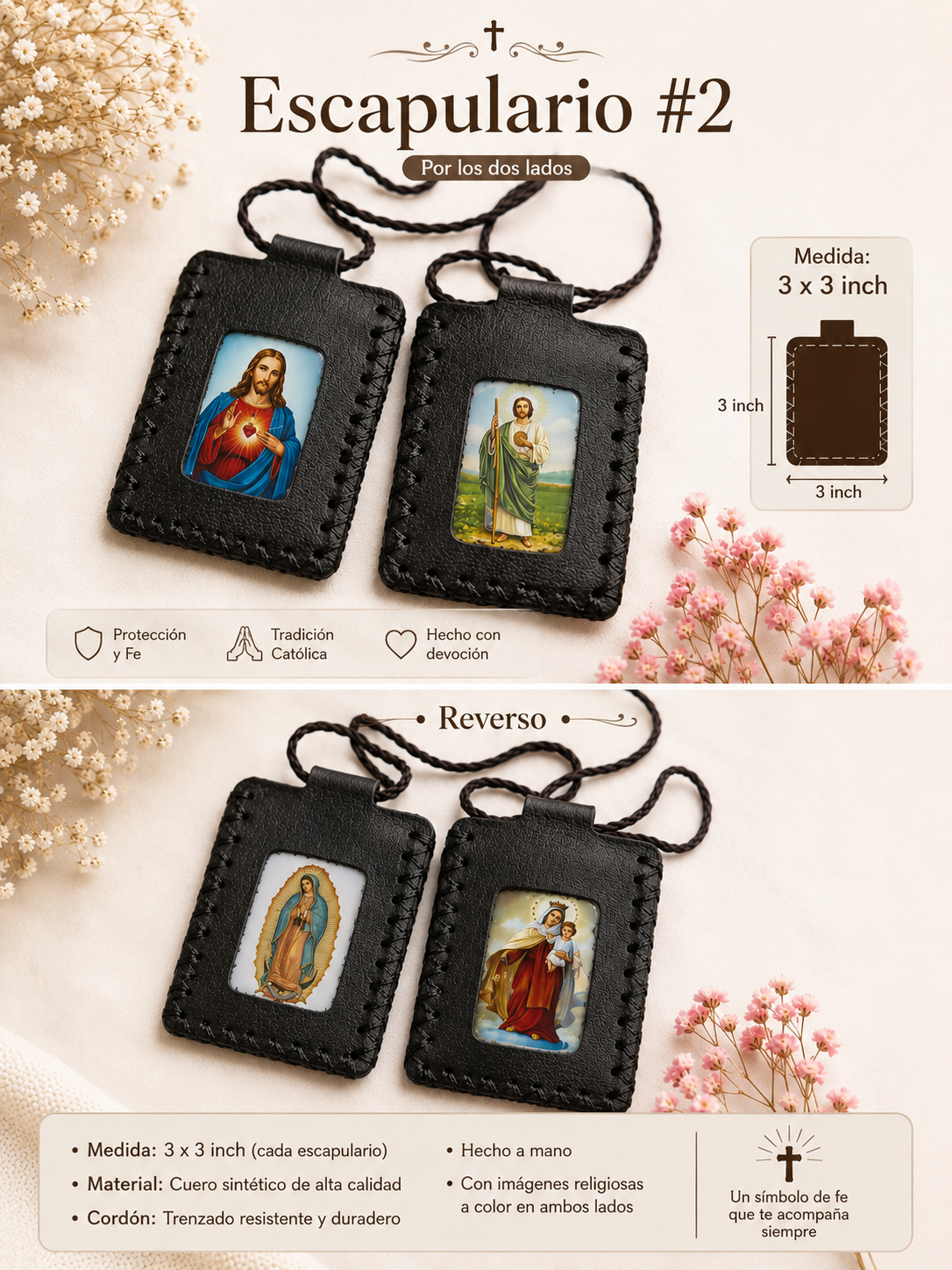 Escapulario Colombiano Hecho a Mano #2 - 3 x 3 inch - Cuero Sintético con Imágenes Religiosas