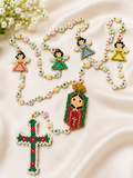 Rosario Artesanal de Chaquiras Hecho a Mano - Figuras Religiosas (Ángeles, Virgen de Guadalupe y Cruz)