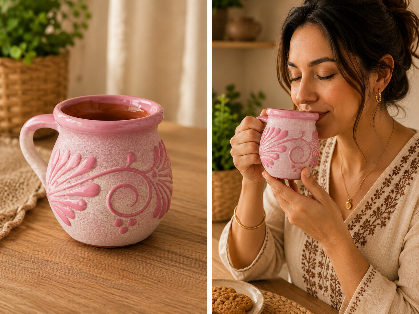 Jarrito mexicano de barro artesanal rosa hecho a mano