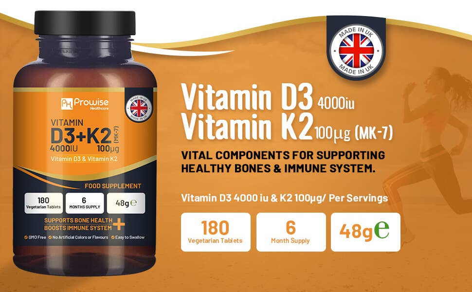 Tabletas vegetarianas de vitamina D3 4000 UI y K2 MK7 100 μg | 180 unidades