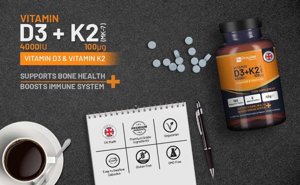 Tabletas vegetarianas de vitamina D3 4000 UI y K2 MK7 100 μg | 180 unidades