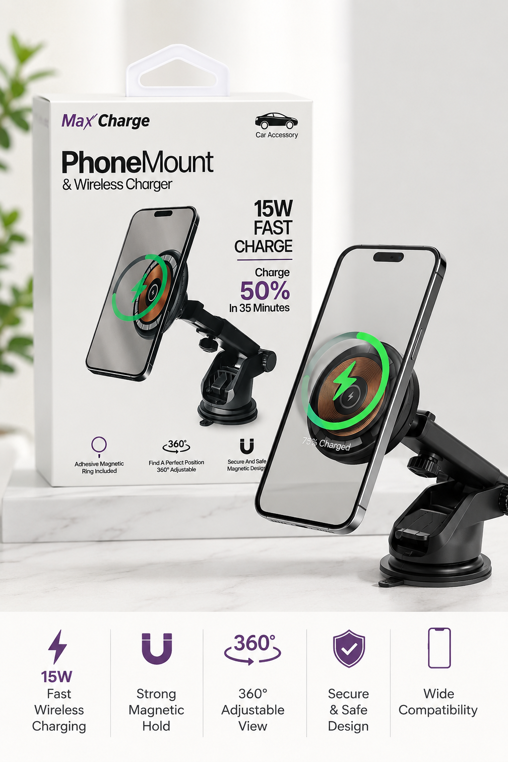 Max Charge PhoneMount cargador inalámbrico 15W para auto
