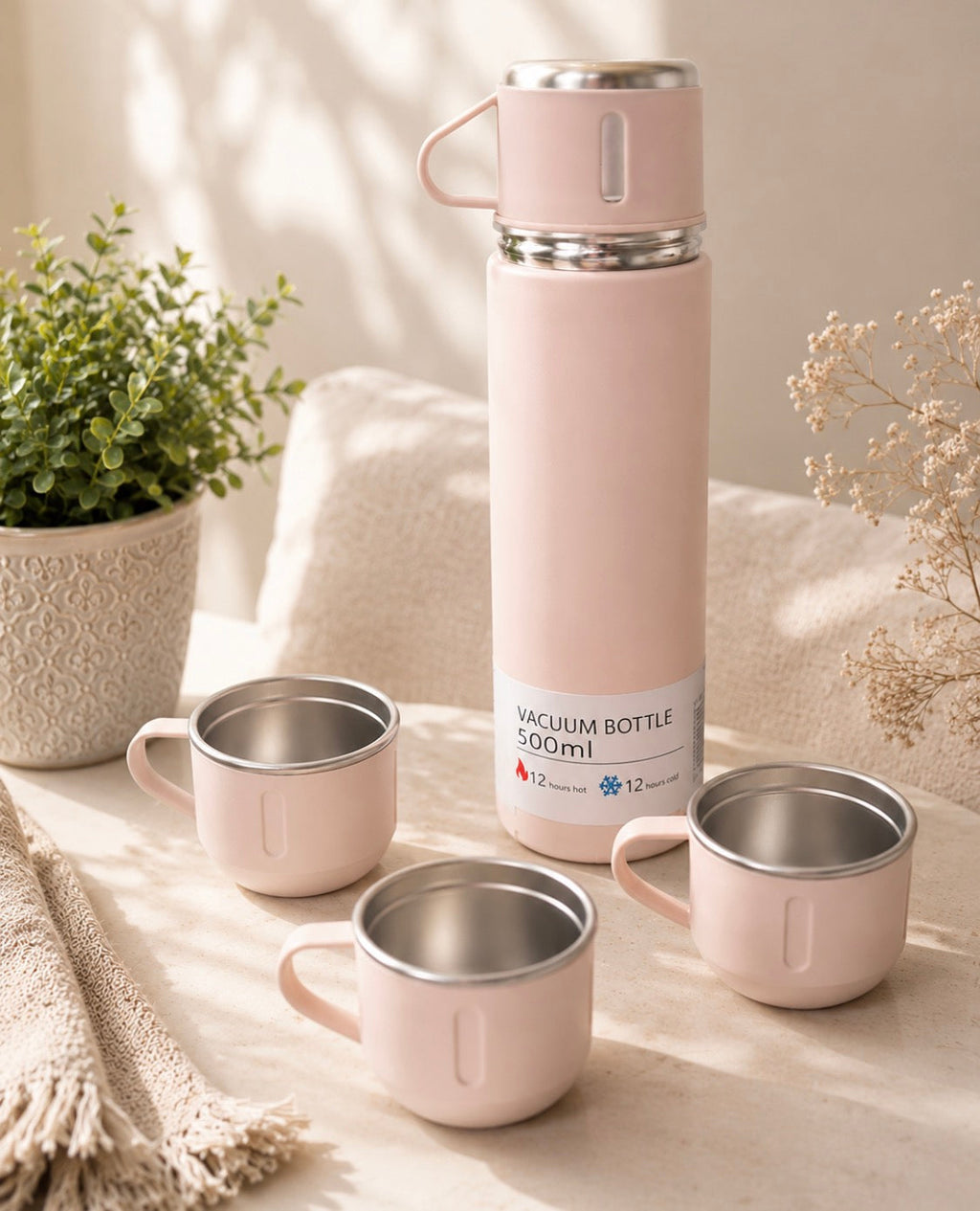 Set Termo Vacuum Bottle 500ml Rosa con 3 Tazas de Acero Inoxidable