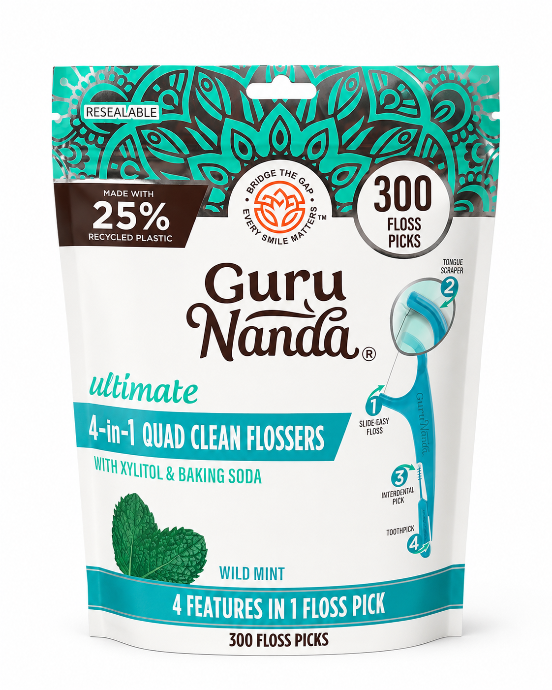GuruNanda Ultimate 4-in-1 Quad Clean Flossers – Wild Mint (300 Count)