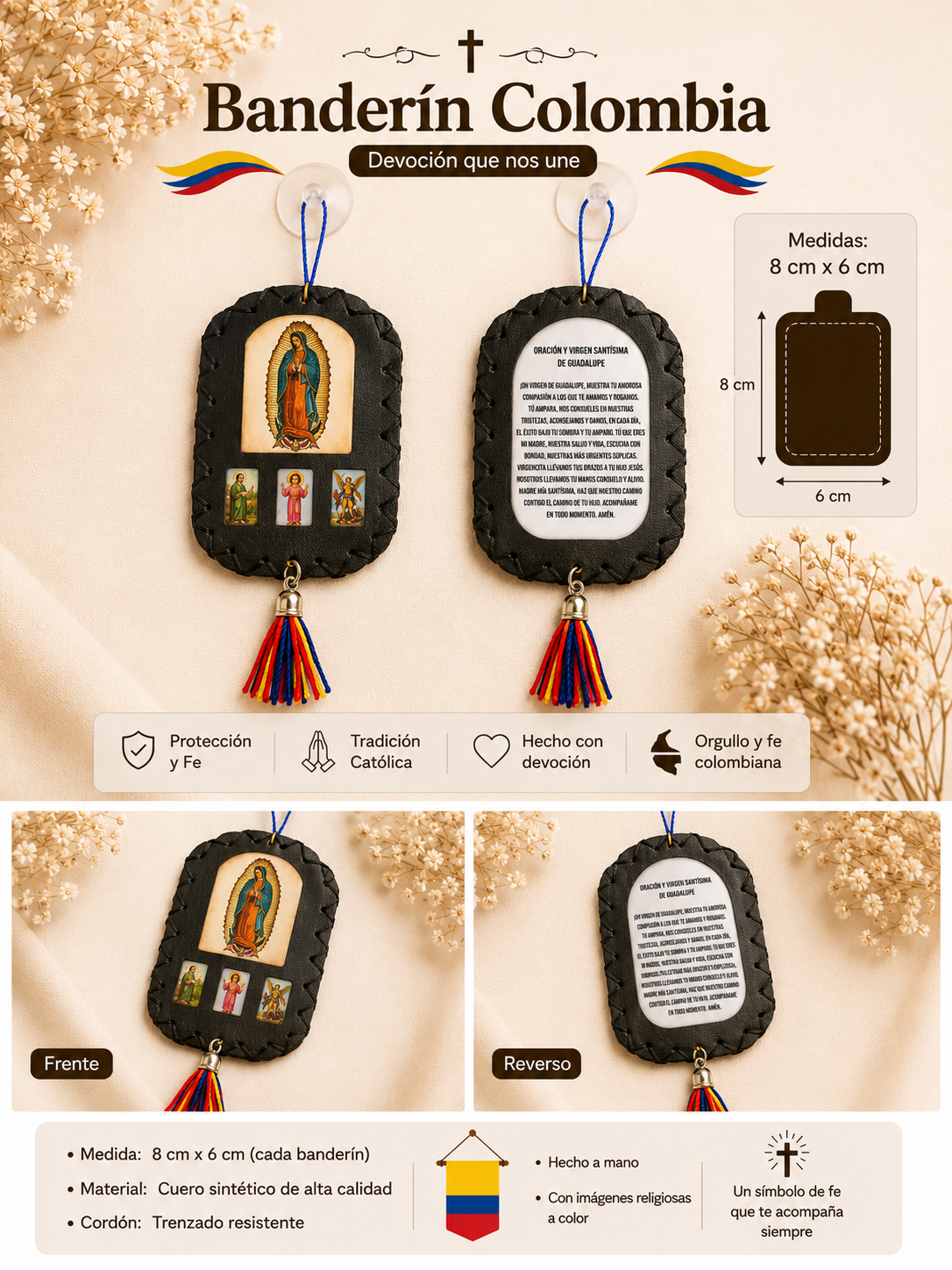 Banderín Colombia - Virgen de Guadalupe Hecho a Mano 8 cm x 6 cm - Cuero Sintético con Oración