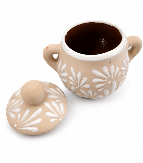 Azucarera de Cerámica y Barro Hecha a Mano - Estilo Espiga Beige y Blanco 12 oz