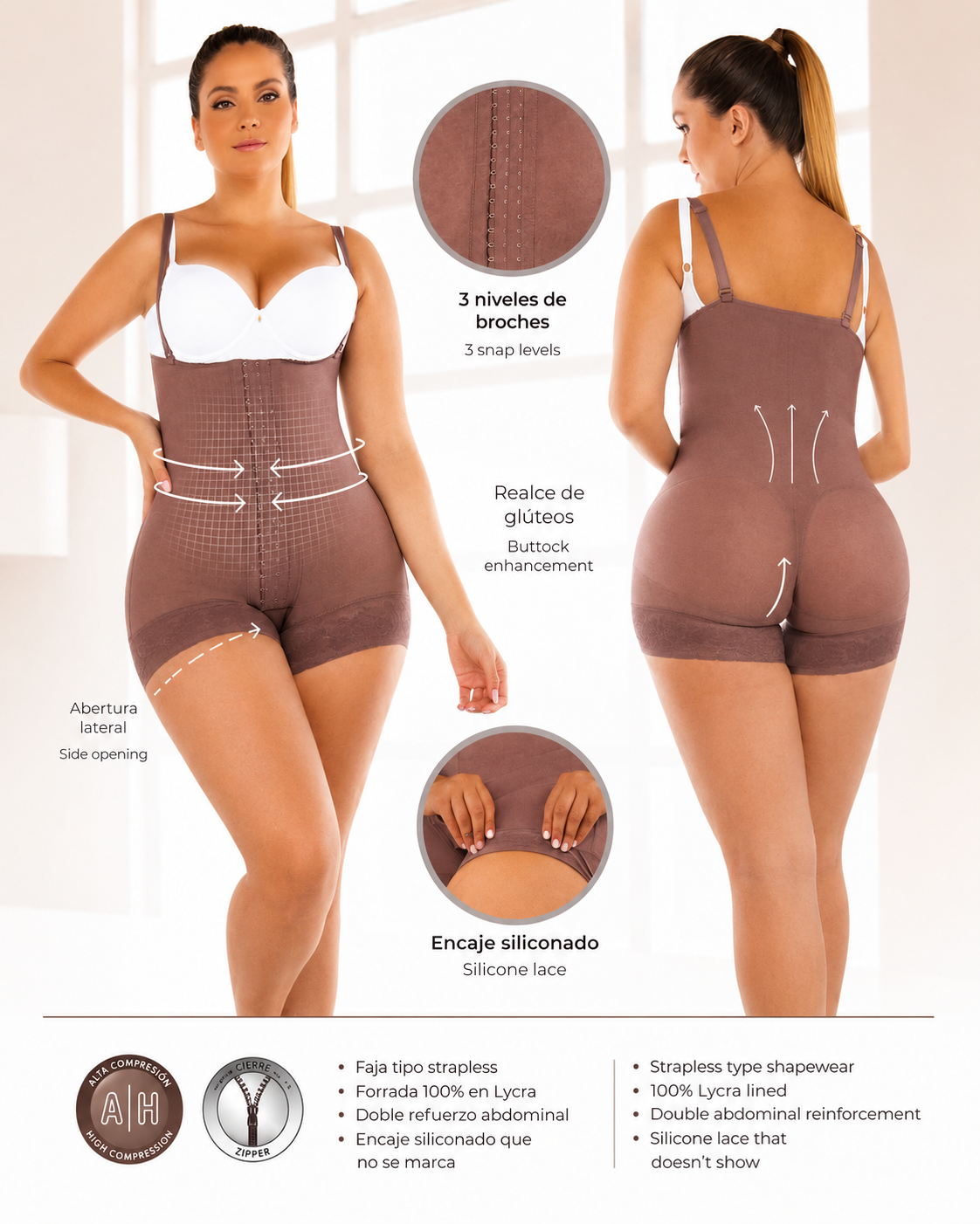 Faja strapless de alta compresión con realce de glúteos - vista frontal y trasera