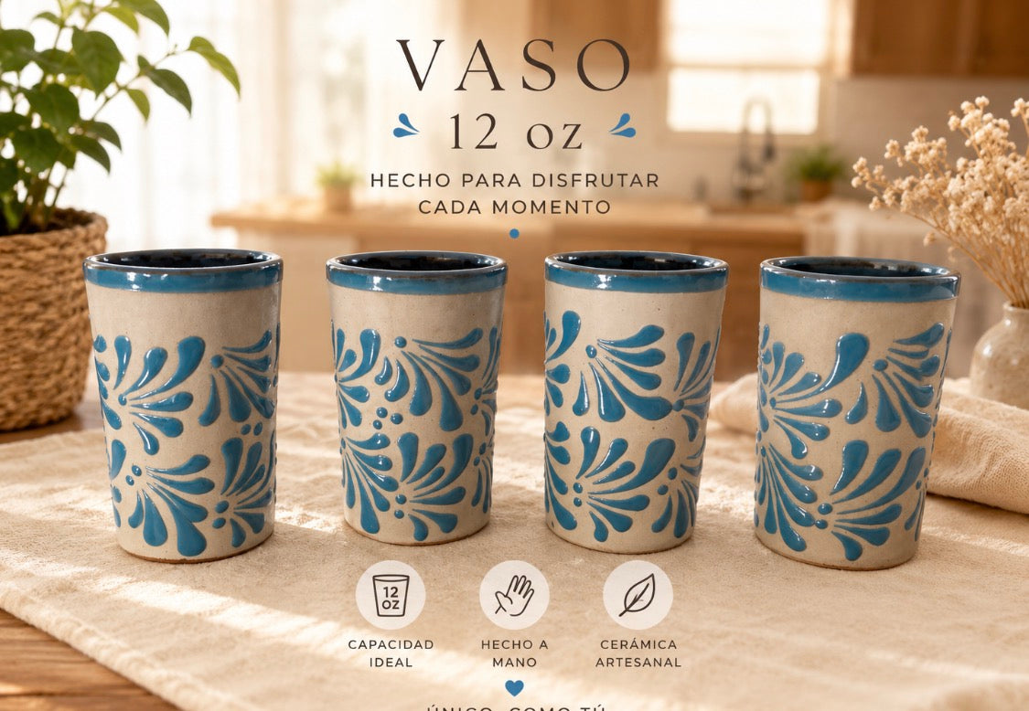 Set de 4 Vasos Artesanales de Cerámica 12 oz – Diseño Floral Azul