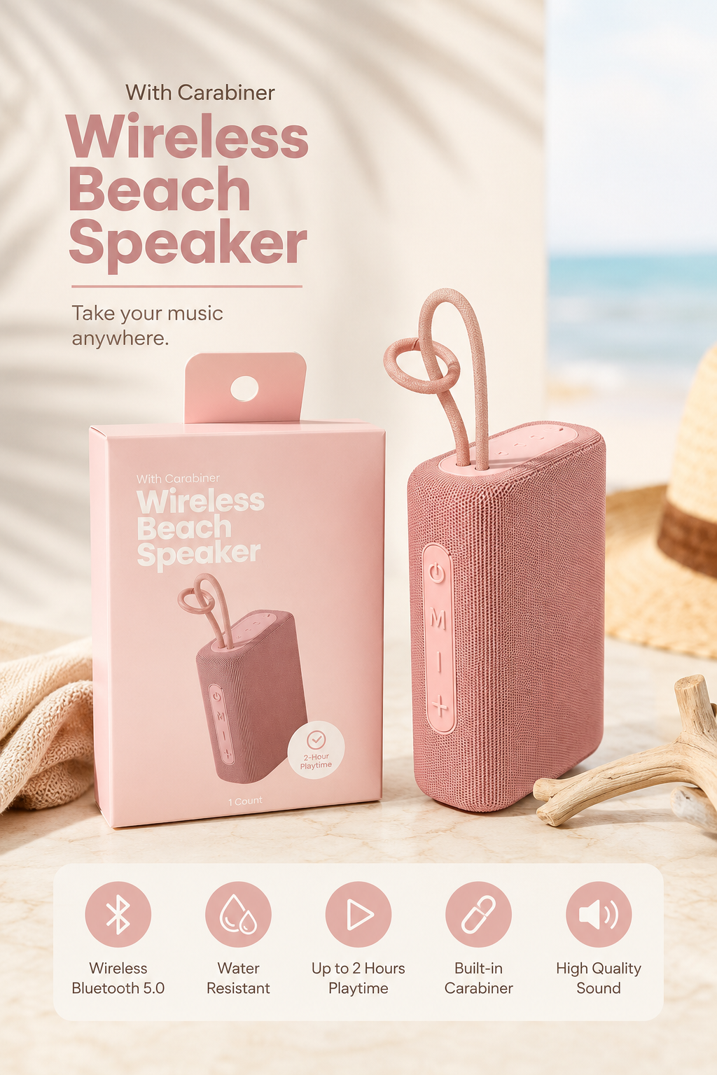Wireless Beach Speaker rosa con mosquetón y caja de presentación