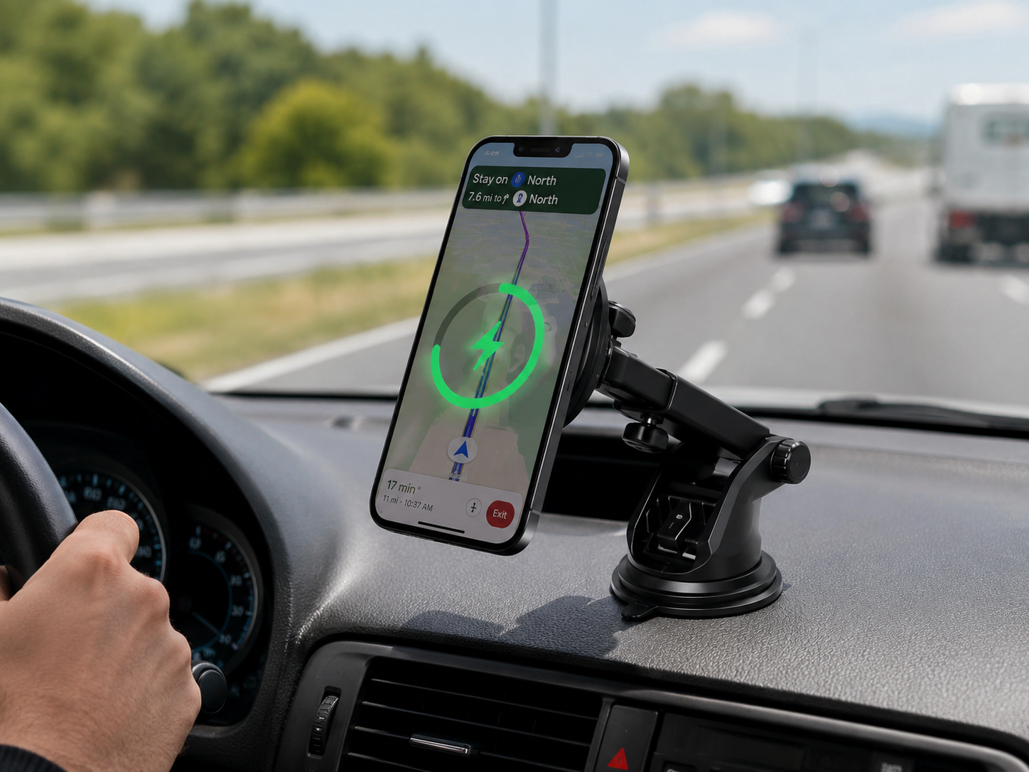 Max Charge PhoneMount & Wireless Charger – 15W Carga Rápida, 360° Ajustable