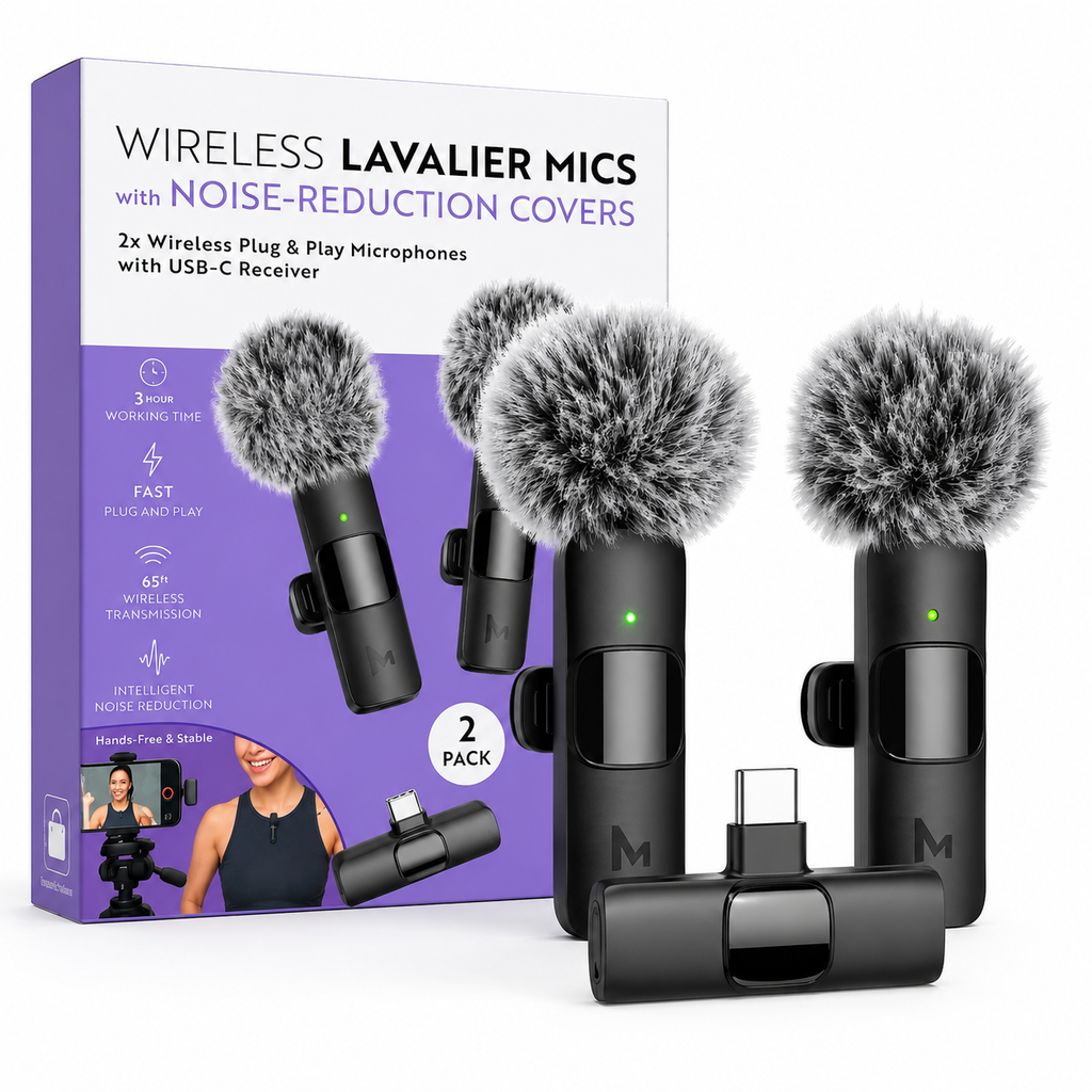 Micrófonos Lavalier Inalámbricos 2-Pack – USB-C, Plug & Play, Reducción de Ruido