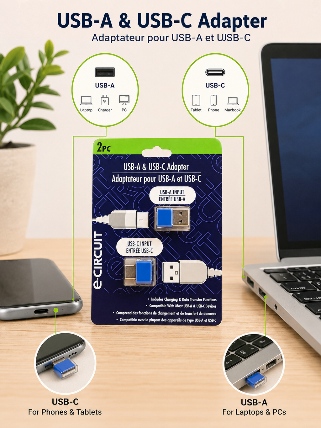 e-CIRCUIT USB-A & USB-C Adapter 2-Pack