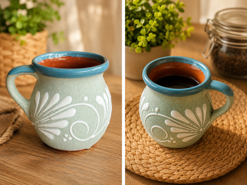 Cantarito de Barro Artesanal 12 oz – Diseño Floral Azul