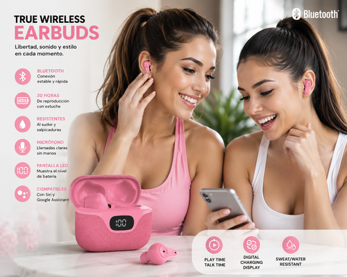 Audífonos True Wireless Earbuds – Bluetooth, 20H, Resistentes al Agua