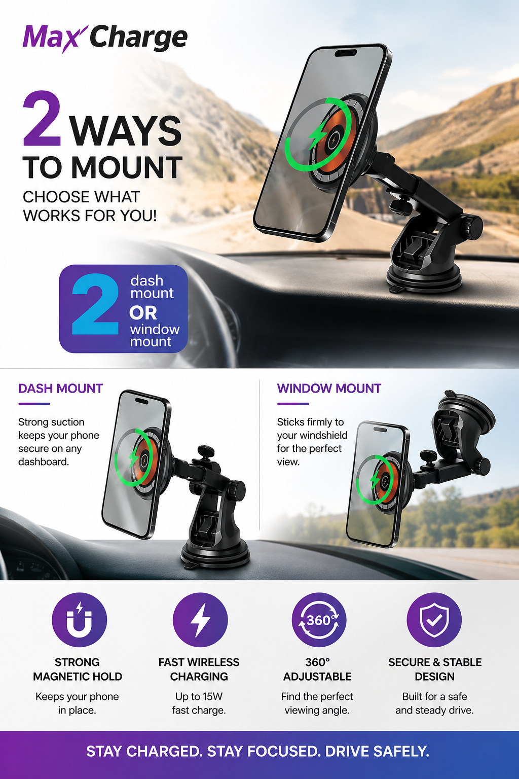 Max Charge PhoneMount & Wireless Charger – 15W Carga Rápida, 360° Ajustable