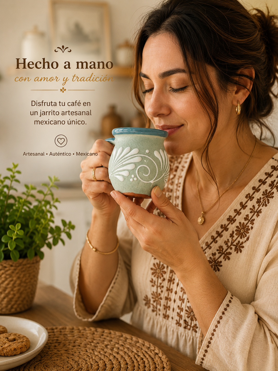 Cantarito de Barro Artesanal 12 oz – Diseño Floral Azul