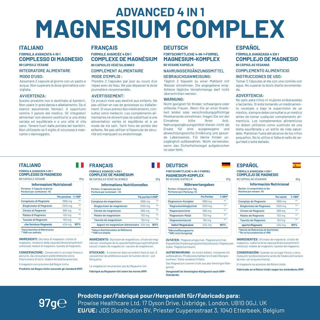 Complejo de Glicinato de Magnesio 4 en 1 - 1866mg 90 Cápsulas Veganas