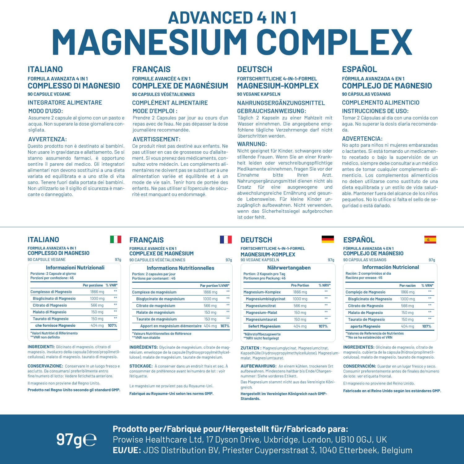 Complejo de Glicinato de Magnesio 4 en 1 - 1866mg 90 Cápsulas Veganas