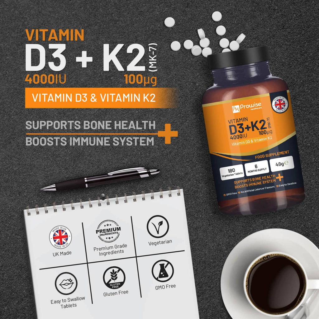 Tabletas vegetarianas de vitamina D3 4000 UI y K2 MK7 100 μg | 180 unidades
