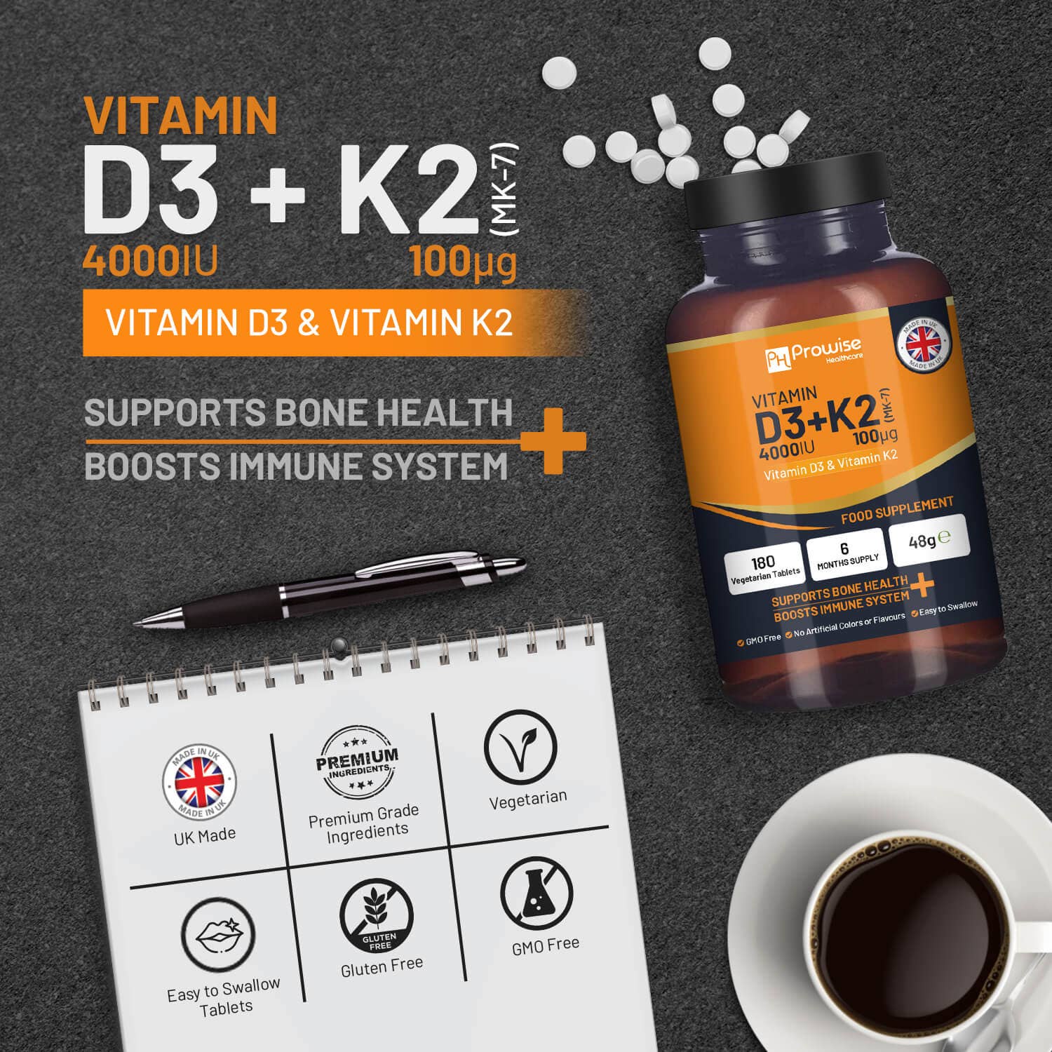 Tabletas vegetarianas de vitamina D3 4000 UI y K2 MK7 100 μg | 180 unidades