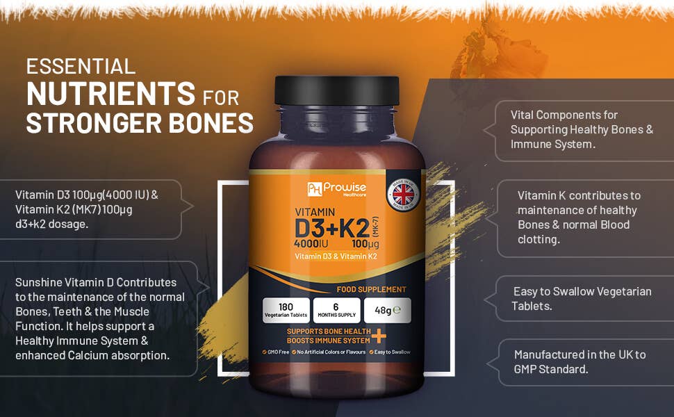 Tabletas vegetarianas de vitamina D3 4000 UI y K2 MK7 100 μg | 180 unidades