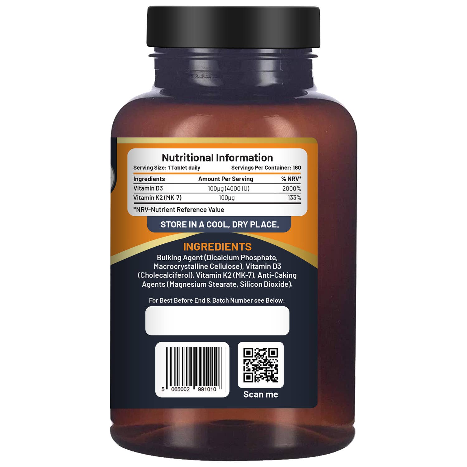 Tabletas vegetarianas de vitamina D3 4000 UI y K2 MK7 100 μg | 180 unidades