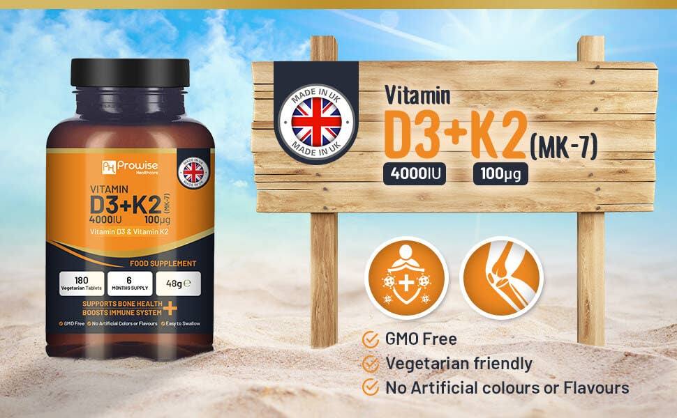 Tabletas vegetarianas de vitamina D3 4000 UI y K2 MK7 100 μg | 180 unidades